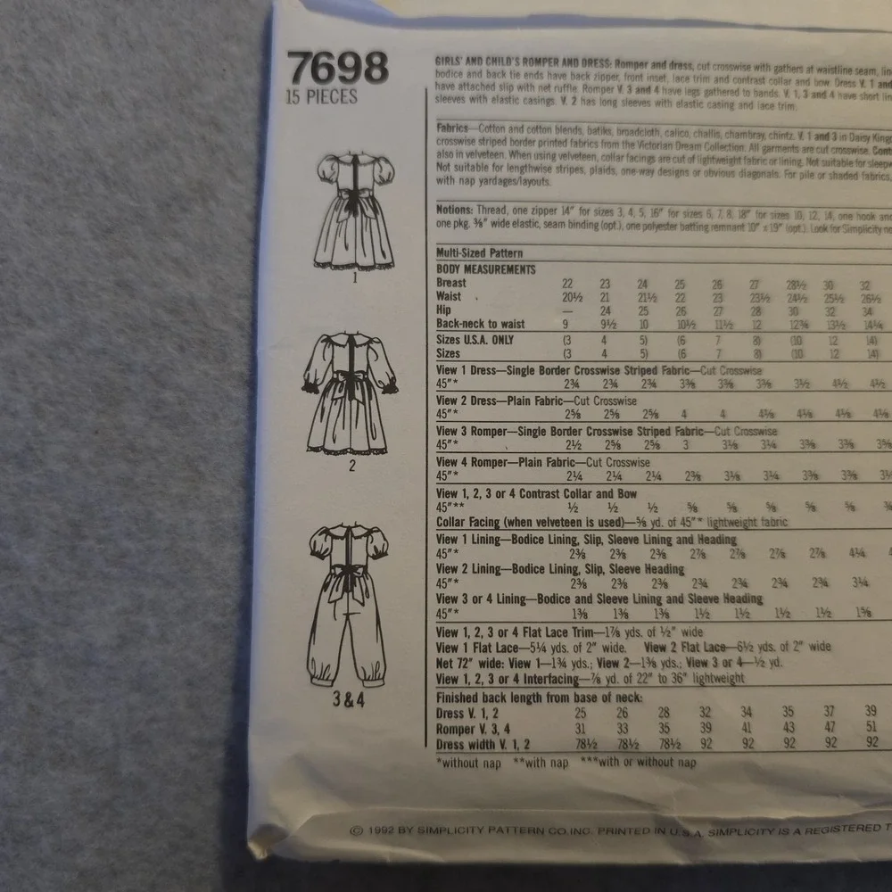 Simplicity UNCUT Sewing Pattern 7698‎ Daisy Kingdom Girls Child Romper Dress 3-5
